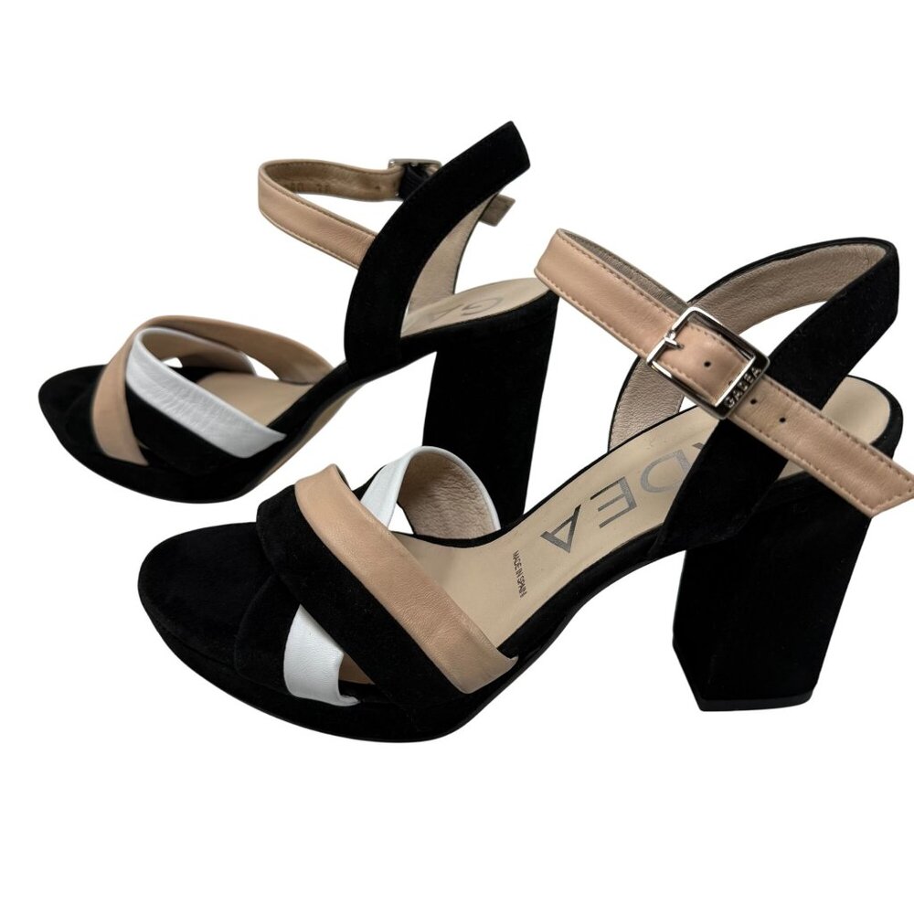 Gadea Sandal Womens Size 38 Black Beige White Suede Block Heel Made In Spain
